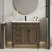 Eclife 36-Inch Freestanding Bathroom Vanity with Ceramic Sink, Antique Brass Faucet, and Classic Squared Legs